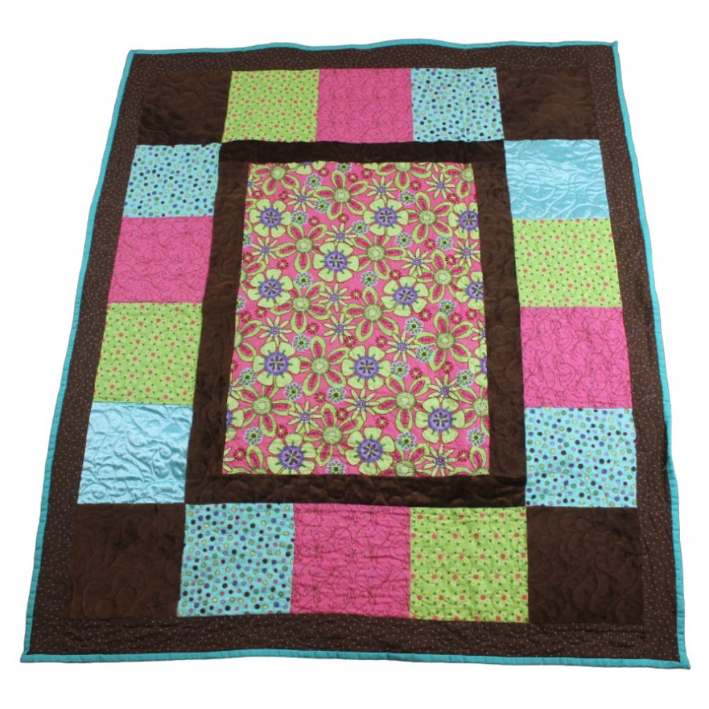 Brown Pink Teal Green Patchwork Baby Infant Girl Quilt Blanket Handmade Floral
